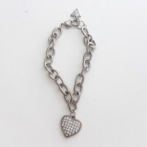VTG Y2K Guess Womens Bracelet Adjustable Silver Chain Heart Pendant 2000s Bling